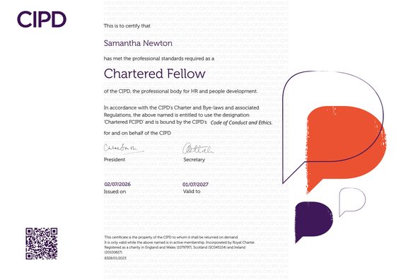 CIPD certificate confirming Samantha Newton as a Chartered Fellow, issued 2 July 2026